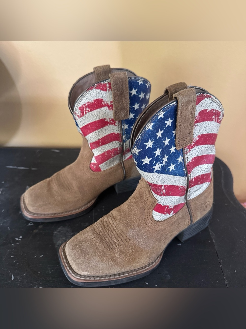 Kids Brown Suede Ariat Cowboy Boots with American Flag Shaft